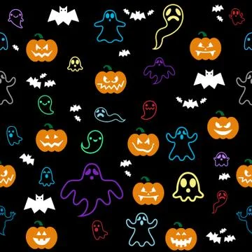 Seamless Halloween ghost, bats, pumpkins pattern on black Stock Illustration