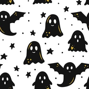 Seamless Halloween Ghost Pattern With Stars In Cute Hand-Drawn Vector Illus.. Stock Illustration