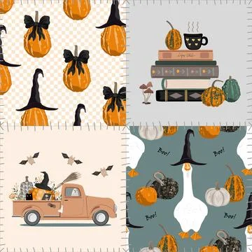 Seamless Halloween patchwork pattern with cute gourds, magic books, goose in  Stock-Illustration
