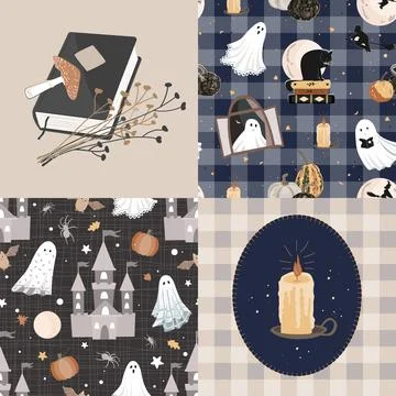 Seamless Halloween patchwork pattern with cute ghosts, candles, magic book,.. Stockillustratie