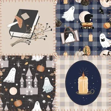 Seamless Halloween patchwork pattern with cute ghosts, candles, magic book,.. Stockillustratie