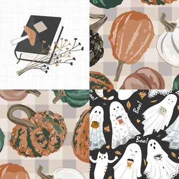 Seamless Halloween patchwork pattern with cute ghosts, magic book, and gour.. Stockillustratie