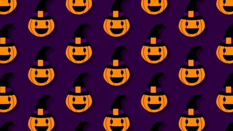 Seamless Halloween Pattern Background with Animated Pumpkins Wearing Witch .. Stock Footage 345044692