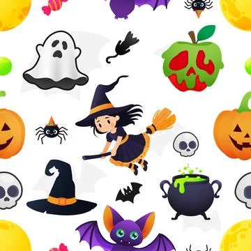 Seamless Halloween Pattern Background with Cute Characters Stock Illustration