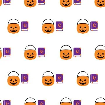 Seamless halloween pattern background with pumpkin buckets and magic books. Stock Illustration