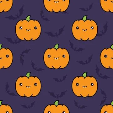 Seamless halloween pattern background with pumpkins on dark violet background Stock Illustration