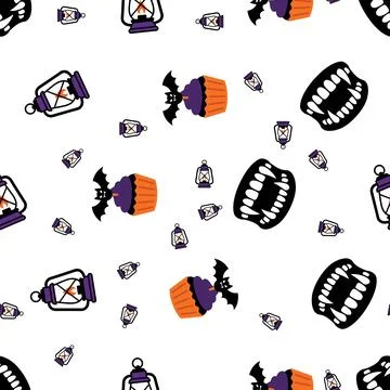 Seamless Halloween Pattern With Bats Lanterns And Vampire Teeth Icons. Stock Illustration