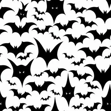 Seamless Halloween pattern with black bats on white background Stock Illustration
