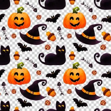 Seamless Halloween pattern with black cat, bat, hat and pumpkin Stock Illustration