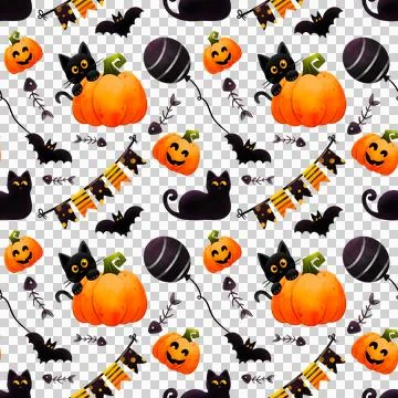Seamless Halloween pattern with black cat, bat, garlands and pumpkin Stock Illustration