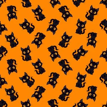 Seamless halloween pattern with black cats. Stock Illustration