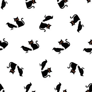 Seamless Halloween pattern with black cats and crows on a white background. 스톡 일러스트
