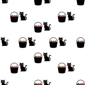 Seamless Halloween pattern with black cats and trick or treat baskets. イラスト素材