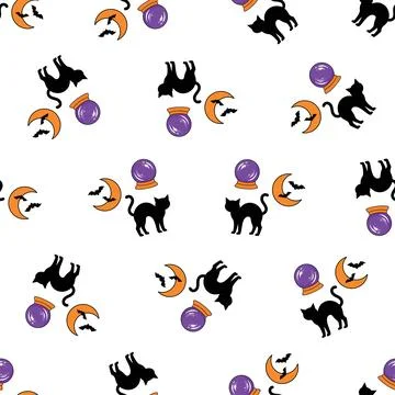 Seamless Halloween pattern with black cats, crystal balls, and crescent moons イラスト素材