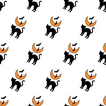 Seamless Halloween Pattern with Black Cats and Bats. イラスト素材