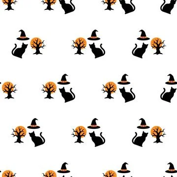 Seamless Halloween pattern with black cats, witch hats, and trees on a whit.. イラスト素材