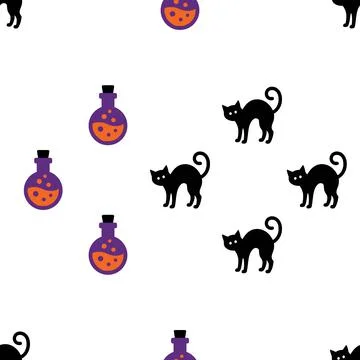 Seamless Halloween Pattern with Black Cats and Magic Potion Bottles. Stock Illustration