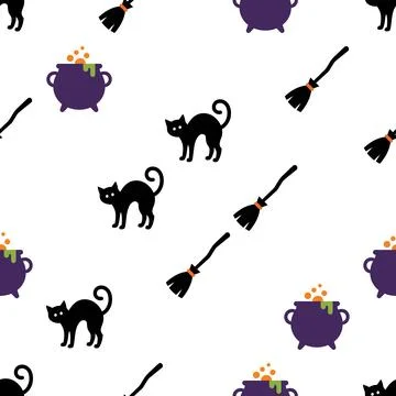 Seamless Halloween Pattern with Black Cats Cauldrons and Witch Brooms. Stock Illustration