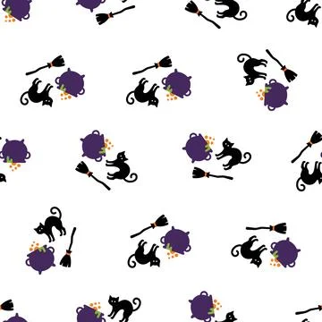 Seamless Halloween Pattern with Black Cats Cauldrons and Witch Brooms. Stock Illustration