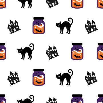 Seamless Halloween Pattern with Black Cats Haunted Houses and Potion Jars. Stock Illustration