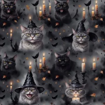Seamless halloween pattern. Black, gray cats in a witch hats, autumn leaves. Stock Illustration