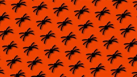 Seamless Halloween pattern of black plastic spiders on bright orange backgr.. Illustrazione stock