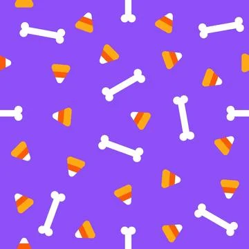 Seamless Halloween pattern with bones and candy corn on purple Stockillustratie