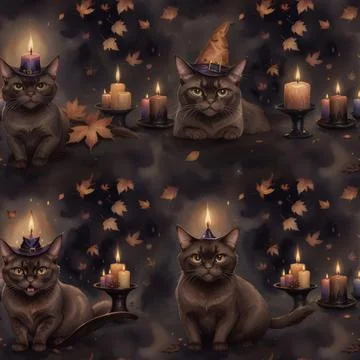 Seamless halloween pattern. Brown cats in a witch hats, autumn leaves, candles. Illustrazione stock