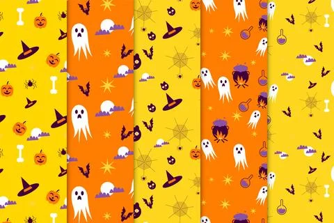 Seamless Halloween pattern bundle design with yellow and orange background. S Stock Illustration