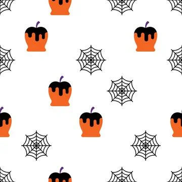 Seamless Halloween pattern with candy apples and spider webs on white backg.. Stockillustratie