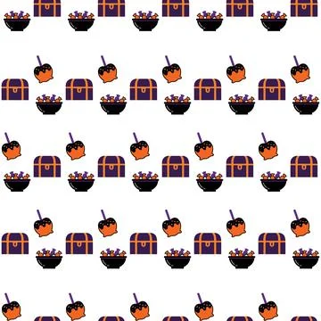 Seamless Halloween Pattern With Candy Apples And Treasure Chests. Stockillustratie