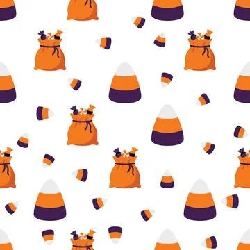 Seamless Halloween Pattern with Candy Corn and Trick or Treat Bags. Stock Illustration