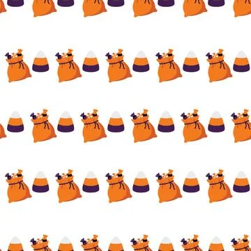 Seamless Halloween Pattern with Candy Corn and Orange Trick or Treat Bags. Stock Illustration