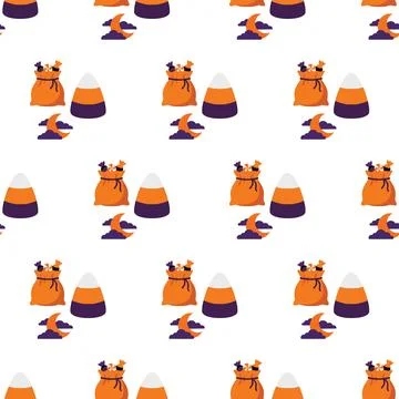 Seamless Halloween Pattern with Candy Corn and Trick or Treat Bags. Stockillustratie