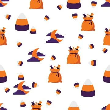 Seamless Halloween Pattern with Candy Corn and Trick or Treat Bags. Stockillustratie
