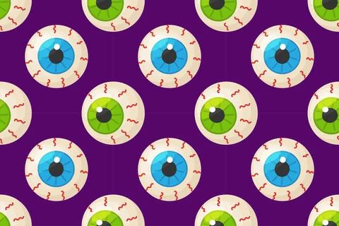 Seamless Halloween pattern with cartoon eyeballs on dark purple background Stock Illustration