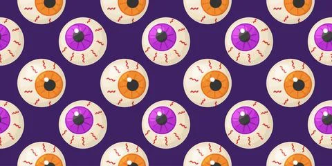 Seamless Halloween pattern with cartoon eyeballs on dark purple background Stock Illustration