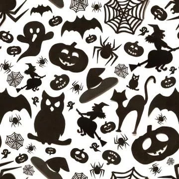 Seamless halloween pattern in cartoon style on white background. Paper art. H Illustrazione stock