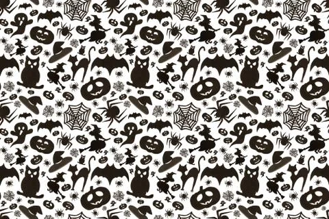 Seamless halloween pattern in cartoon style on white background. Paper art. H Stock Illustration