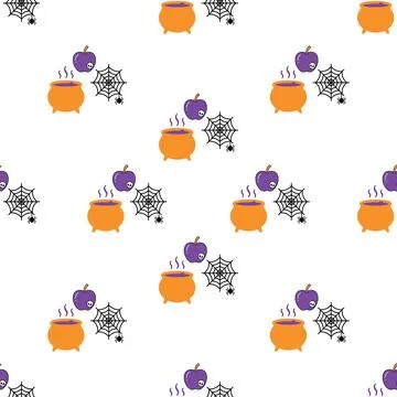 Seamless Halloween pattern with cauldrons and spider webs. Stock Illustration