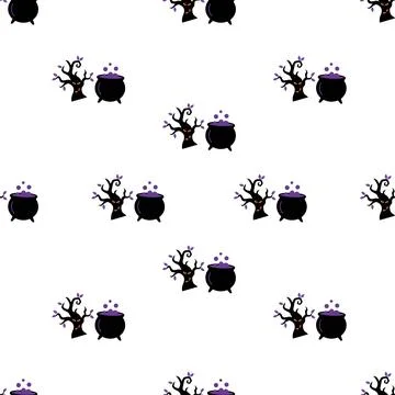 Seamless Halloween pattern with cauldrons and spooky trees on white backgroun Stockillustratie