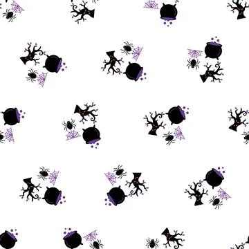 Seamless Halloween pattern with cauldrons, trees, and spiders. Stock Illustration