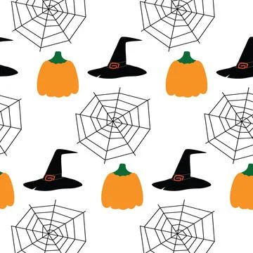 Seamless Halloween pattern consisting of a pumpkin, a witches head and cobwebs 스톡 일러스트