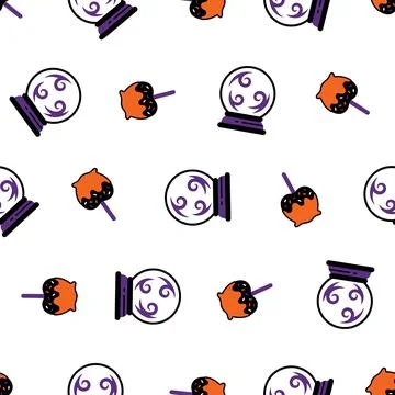 Seamless Halloween Pattern with Crystal Balls and Candy Apples. Stock Illustration