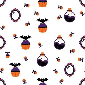 Seamless Halloween Pattern with Cute Bats Cupcakes Potions and Mirrors. Ilustración de archivo