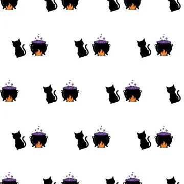 Seamless Halloween pattern with cute black cats and boiling cauldrons. イラスト素材