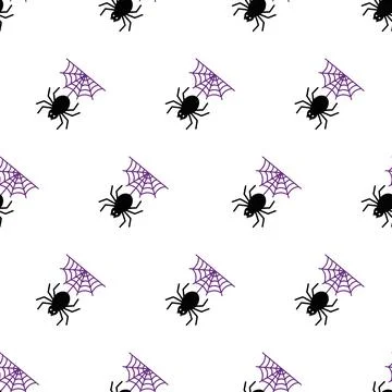 Seamless Halloween pattern with cute black spiders and purple webs on white.. Stock-Illustration