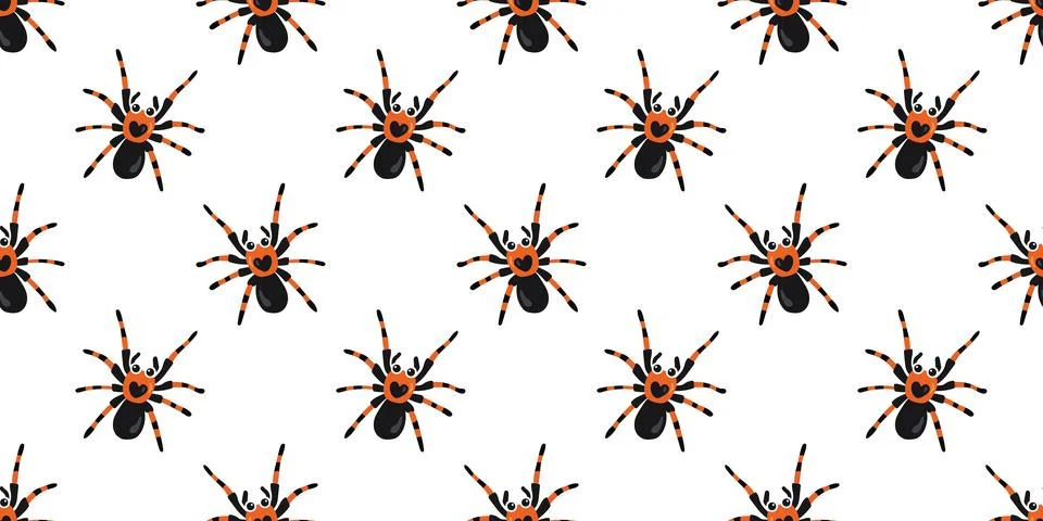 Seamless Halloween pattern with cute black and orange tarantula spiders on .. Stock Illustration