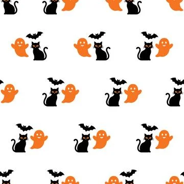 Seamless Halloween pattern with cute cats, ghosts, and bats on a white back.. イラスト素材