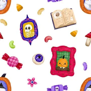 Seamless Halloween pattern with cute framed portraits, potion book, spooky .. Stock Illustration